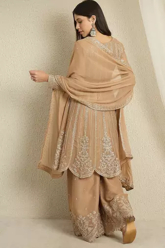 coffee georgette  top with bottom and dupatta full sleeve embroidered a-line kurta palazzo set