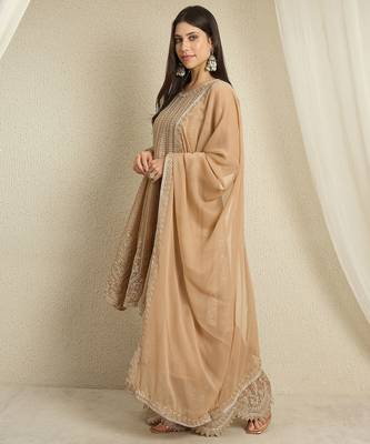 coffee georgette  top with bottom and dupatta full sleeve embroidered a-line kurta palazzo set 3