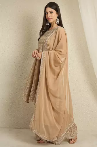 coffee georgette  top with bottom and dupatta full sleeve embroidered a-line kurta palazzo set