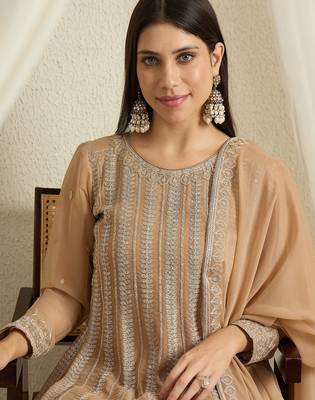 coffee georgette  top with bottom and dupatta full sleeve embroidered a-line kurta palazzo set 4
