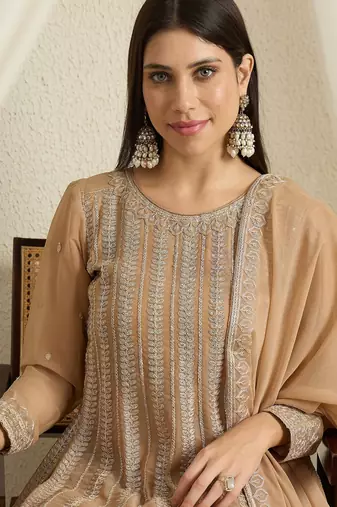 coffee georgette  top with bottom and dupatta full sleeve embroidered a-line kurta palazzo set