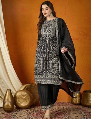 black chinon  top with chinon dupatta full sleeve embroidered straight kurta 1
