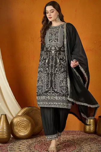 black chinon  top with chinon dupatta full sleeve embroidered straight kurta