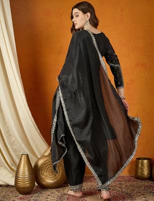black chinon  top with chinon dupatta full sleeve embroidered straight kurta 2