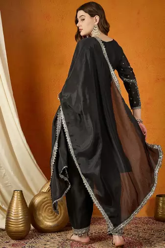 black chinon  top with chinon dupatta full sleeve embroidered straight kurta