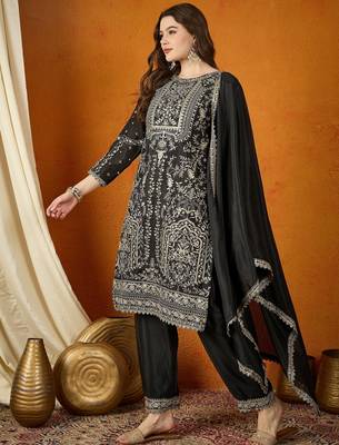 black chinon  top with chinon dupatta full sleeve embroidered straight kurta 3