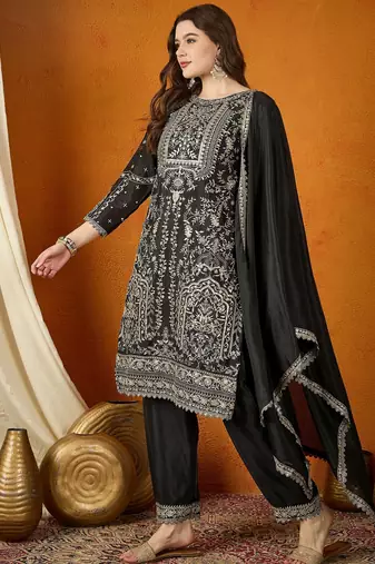 black chinon  top with chinon dupatta full sleeve embroidered straight kurta