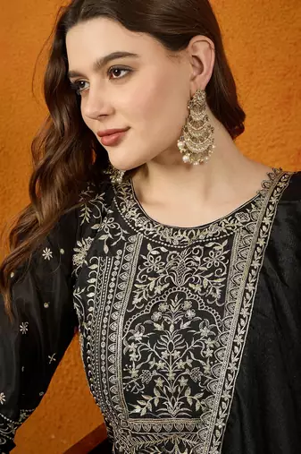 black chinon  top with chinon dupatta full sleeve embroidered straight kurta