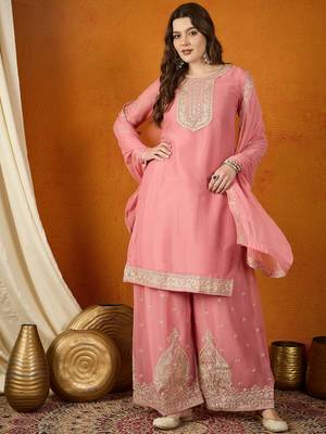 pink georgette  top with bottom and dupatta full sleeve embroidered kurta palazzo set 1