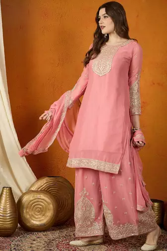 pink georgette  top with bottom and dupatta full sleeve embroidered kurta palazzo set
