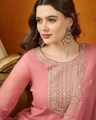 pink georgette  top with bottom and dupatta full sleeve embroidered kurta palazzo set 4
