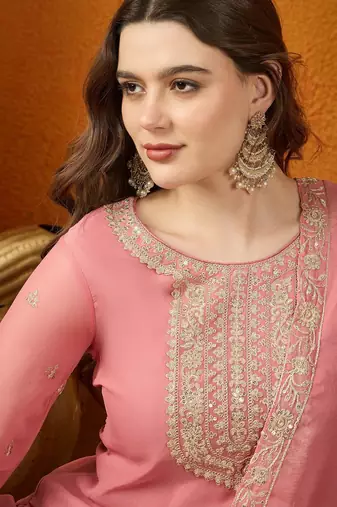 pink georgette  top with bottom and dupatta full sleeve embroidered kurta palazzo set