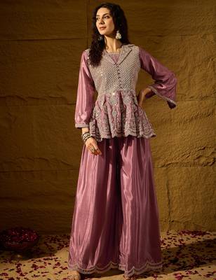 purple chinon   top with   bottom full sleeve embroidered flared kurta 1
