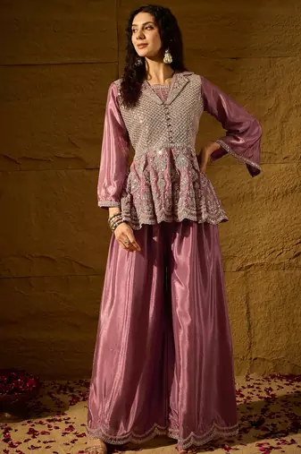 purple chinon   top with   bottom full sleeve embroidered flared kurta