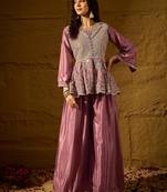 purple chinon   top with   bottom full sleeve embroidered flared kurta