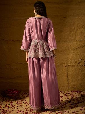 purple chinon   top with   bottom full sleeve embroidered flared kurta 2