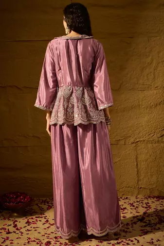 purple chinon   top with   bottom full sleeve embroidered flared kurta