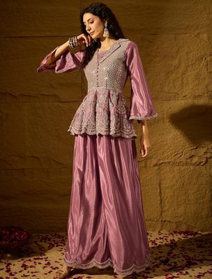 purple chinon   top with   bottom full sleeve embroidered flared kurta 3