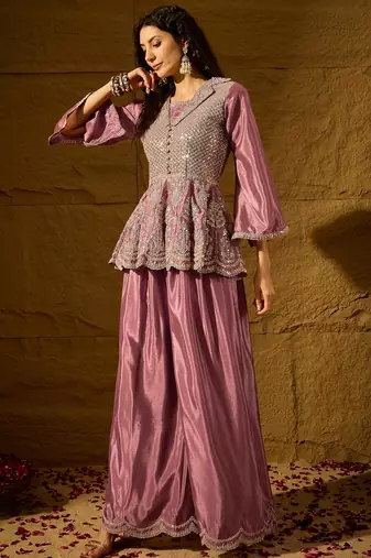 purple chinon   top with   bottom full sleeve embroidered flared kurta