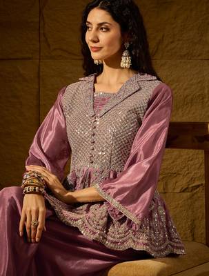 purple chinon   top with   bottom full sleeve embroidered flared kurta 4