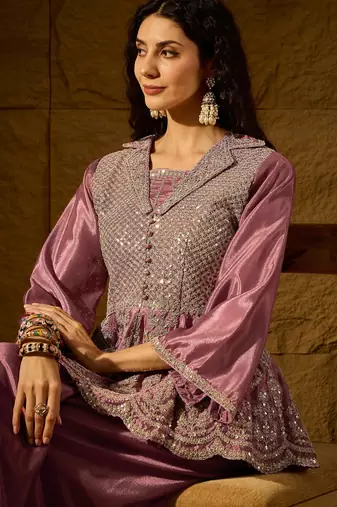 purple chinon   top with   bottom full sleeve embroidered flared kurta
