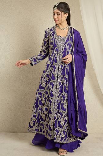 purple chinon   top with   bottom 3/4 sleeve embroidered a-line jacket