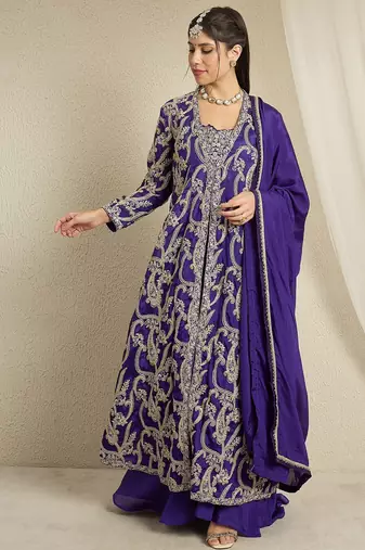 purple chinon   top with   bottom 3/4 sleeve embroidered a-line jacket