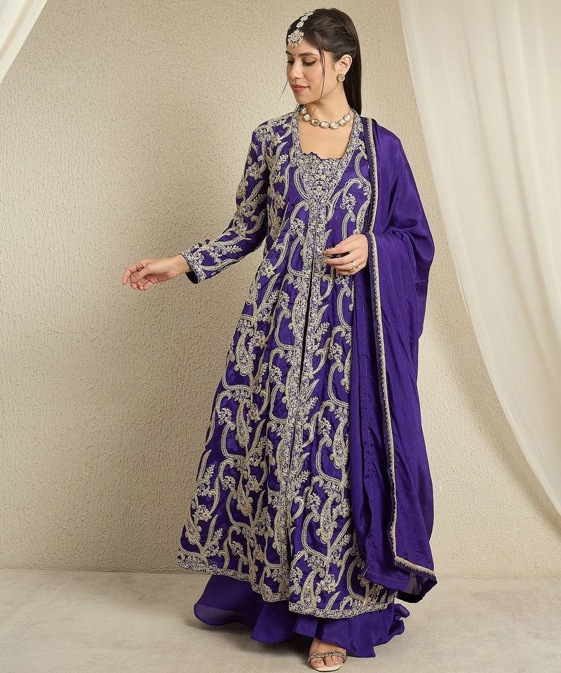 purple chinon   top with   bottom 3/4 sleeve embroidered a-line jacket