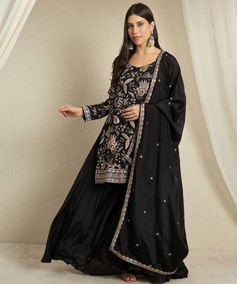 black chinon   top with bottom and dupatta full sleeve embroidered kurta palazzo set 1
