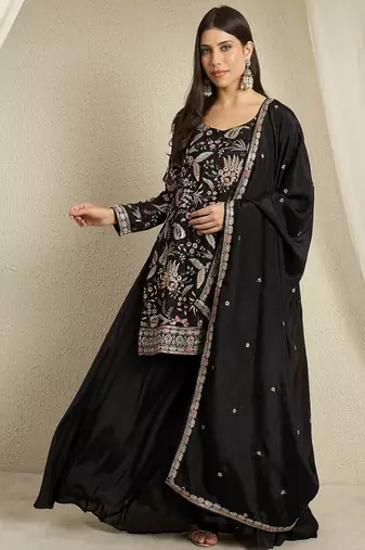 black chinon   top with bottom and dupatta full sleeve embroidered kurta palazzo set