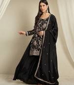 black chinon   top with bottom and dupatta full sleeve embroidered kurta palazzo set