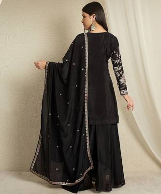 black chinon   top with bottom and dupatta full sleeve embroidered kurta palazzo set 2