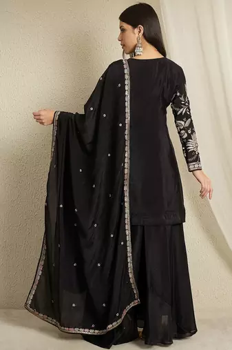 black chinon   top with bottom and dupatta full sleeve embroidered kurta palazzo set