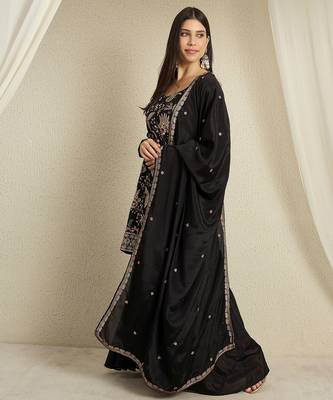 black chinon   top with bottom and dupatta full sleeve embroidered kurta palazzo set 3