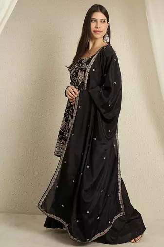 black chinon   top with bottom and dupatta full sleeve embroidered kurta palazzo set