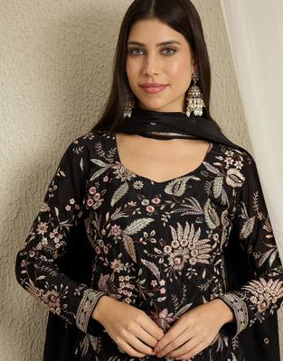 black chinon   top with bottom and dupatta full sleeve embroidered kurta palazzo set 4
