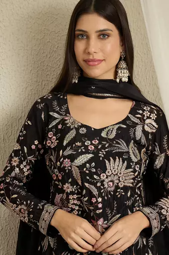 black chinon   top with bottom and dupatta full sleeve embroidered kurta palazzo set