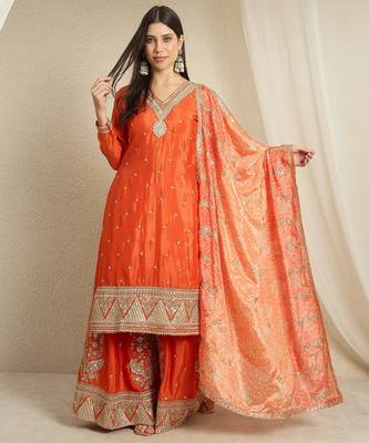orange chinon  top with bottom and dupatta full sleeve embroidered kurta palazzo set 1