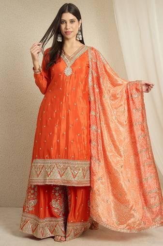orange chinon   top with bottom and dupatta full sleeve embroidered kurta palazzo set