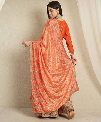 orange chinon  top with bottom and dupatta full sleeve embroidered kurta palazzo set 2