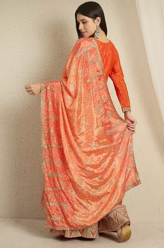 orange chinon  top with bottom and dupatta full sleeve embroidered kurta palazzo set