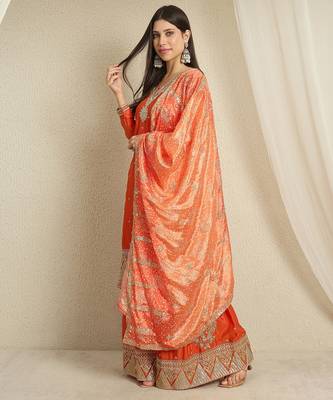 orange chinon  top with bottom and dupatta full sleeve embroidered kurta palazzo set 3
