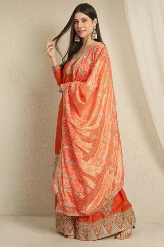 orange chinon  top with bottom and dupatta full sleeve embroidered kurta palazzo set