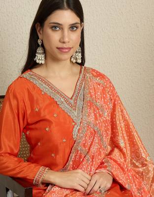 orange chinon  top with bottom and dupatta full sleeve embroidered kurta palazzo set 4