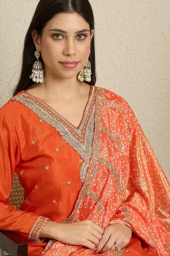 orange chinon  top with bottom and dupatta full sleeve embroidered kurta palazzo set