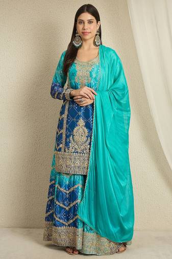 teal chinon   top with bottom and dupatta 3/4 sleeve embroidered kurta palazzo set