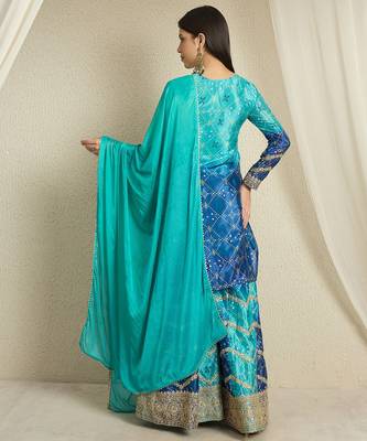 teal chinon  top with bottom and dupatta 3/4 sleeve embroidered kurta palazzo set 2