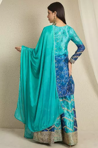 teal chinon  top with bottom and dupatta 3/4 sleeve embroidered kurta palazzo set