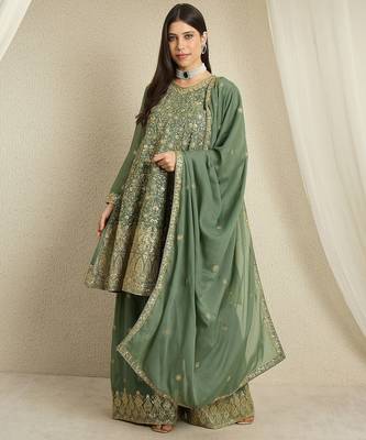 green georgette   top with bottom and dupatta full sleeve embroidered kurta palazzo set 1