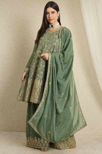 green georgette   top with bottom and dupatta full sleeve embroidered kurta palazzo set